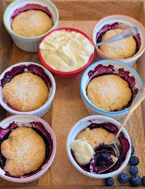 Individual Blueberry Cobbler, Individual Berry Cobbler, Mini Blueberry Cobbler, Mini Cobbler Recipes, Cocette Recipes, Mini Cobbler, Chouquette Kitchen, Mini Cocotte Recipe, Mini Blueberry Pies