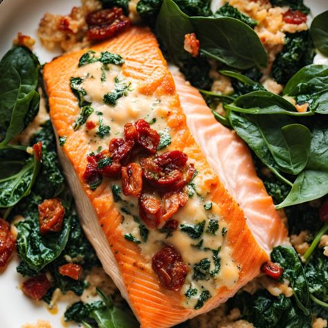 Stuffed Salmon with Creamy Cheese, Sun-Dried Tomatoes, and Spinach - sorawallpaper Roast Salmon, Stuffed Salmon, Sundried Tomatoes, Roasted Salmon, Sun Dried Tomatoes, Creamy Cheese, Easy Dishes, Salmon Fillets, Recipe Images