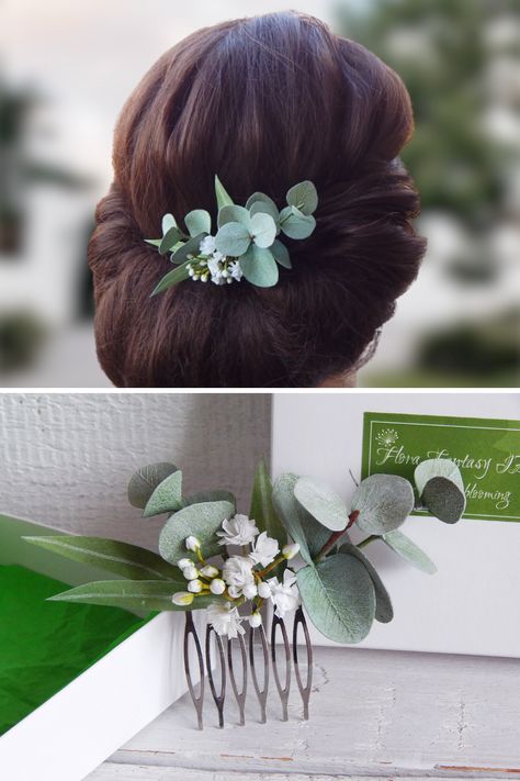 Eucalyptus Hair Comb, Unconventional Wedding Bouquets, Eucalyptus Hair Piece, Boho Wedding Hair Flowers, Gypsophila Hair, Gypsophila Wedding, Half Up Wedding Hair, Floral Hair Comb, Hair Piece Wedding