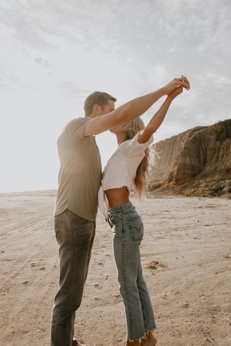 Golden Hour Beach Couple Photoshoot, Beach Themed Engagement Photos, White Shirt Blue Jeans Couple Photoshoot Beach, Lake Beach Pictures, Casual Beach Engagement Photos Outfit, La Jolla Engagement Photos, Barefoot Engagement Photos, Beach Engagement Photos Casual, Boho Beach Engagement Photos