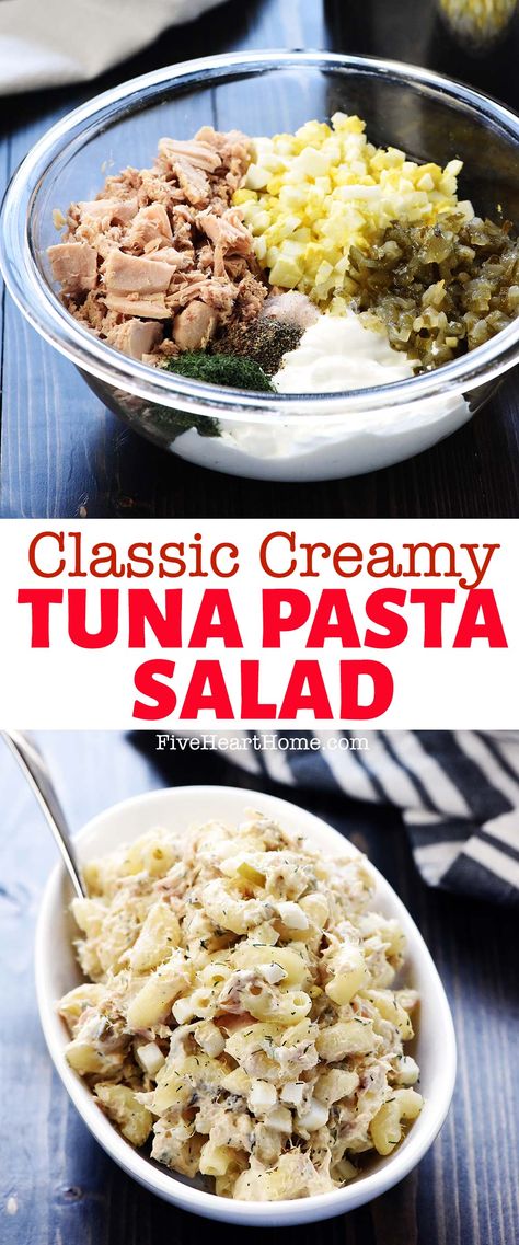 Tuna Pasta Salad, two-photo collage with text, showing creamy, classic, tuna macaroni salad. Dill Pickle Tuna Pasta Salad, Savory Potato Salad, Tuna Pasta Salad Recipes, Tuna Dishes, Tuna Macaroni Salad, Creamy Tuna Pasta, Tuna Pasta Salad, Tuna Salad Pasta, Healthy Food Habits