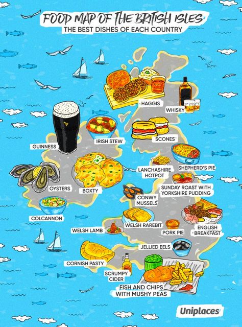 Infographic: Regional Food Maps of Europe | Eat Your World Blog Scrumpy Cider, Maps Of Europe, Jellied Eels, British Isles Cruise, Cornish Pasties, Mushy Peas, Food Map, Irish Stew, Regional Food