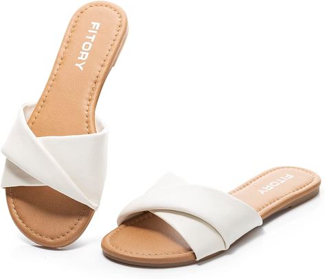 FITORY Women's Flat Sandals Fashion Slides With Soft Leather Slippers for Summer Size 6-11 Slippers For Summer, Fashion Slides, Vacation Packing, Summer White, Presents For Her, Summer Styles, Leather Slippers, Cute Sandals, White Sandals