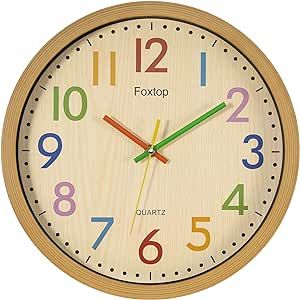 Foxtop Silent Kids Wall Clock 12 Inch Non-Ticking Battery Operated Colorful Childrens Clock for Classroom Playroom Nursery Bedrooms Kids Room School Kids Wall Clock, Colorful Wall Clocks, Dog Pooper Scooper, Playroom Nursery, Camp Furniture, Cat Bed Furniture, Dog Brushing, Solar String Lights, Dog Furniture