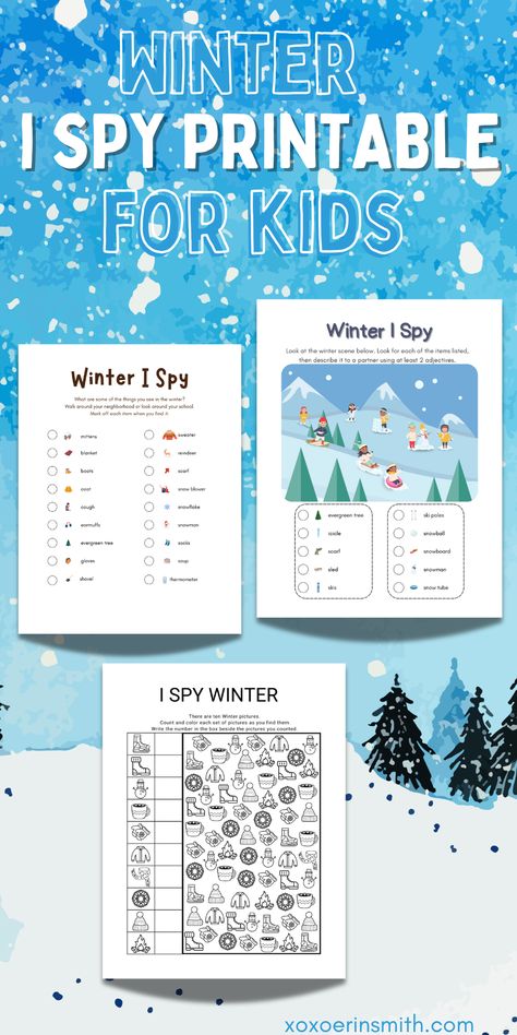 Winter is the perfect season for cozy indoor activities, and Winter I Spy worksheets offer an engaging way to keep kids entertained while also encouraging critical thinking and attention to detail. These printable worksheets are filled with winter-themed items, such as snowflakes, mittens, snowmen, and hot cocoa, creating a festive hunt for children to find and count. Winter Class Activities, Winter I Spy Free Printable, Free Winter Printables For Preschool, Winter Occupational Therapy Activities, I Spy Winter, Winter I Spy, I Spy Worksheets, Winter Literacy Activities, Winter Printables Free