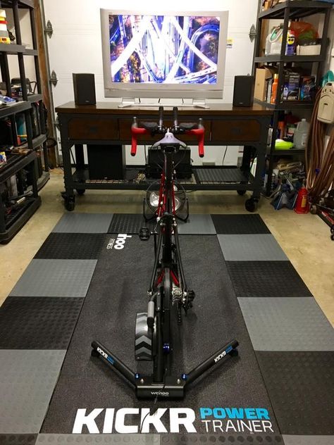 Zwift Cycling Setup, Pain Cave Cycling, Zwift Setup, Cycling Room, Bike Cave, Zwift Cycling, Bicycle Room, Home Gym Basement, Indoor Bike Trainer