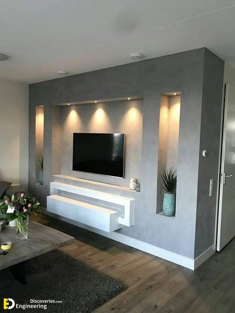 30 Enchanting And Modern Gypsum Board TV Wall Units - Engineering Discoveries Living Room Units, Tv Mounted, Tv Unit Design Modern, Modern Tv Wall Units, Desain Pantry, Tv Cabinet Design, Fireplace Tv Wall, Modern Tv Wall, Wall Tv Unit Design