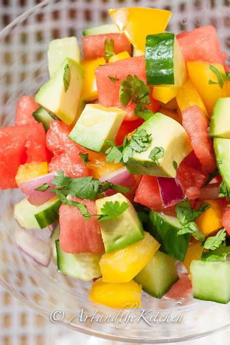 Cucumber Watermelon Summer Salad | Art and the Kitchen Cucumber Watermelon Salad, Salad Art, Cucumber Watermelon, Veggie Dinners, Potluck Ideas, Crockpot Ideas, Summer Eats, Resep Salad, Watermelon Summer