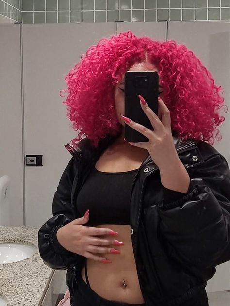 Hot Pink Hair Dye Ideas, Curly Hot Pink Hair, Hot Pink Curly Hair, Dark Pink Hair, Short Dyed Hair, Magenta Hair, Pink Hair Dye, Hot Pink Hair, Braided Cornrow Hairstyles