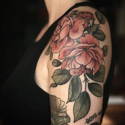 Colorful Floral Tattoo, Floral Tattoo Designs For Women, Peach Tattoo, Floral Tattoo Shoulder, Peony Tattoo, Tattoos For Women Half Sleeve, Flower Tattoo Shoulder, Floral Tattoo Sleeve, Peonies Tattoo