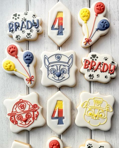 paw patrol cookies • Instagram Paw Patrol Decorated Cookies, Paw Patrol Cookie Cake, Paw Patrol Cookies Decorated, Paw Patrol Sugar Cookies, Paw Patrol Cookies, Kid Cakes, Psi Patrol, Paw Patrol Birthday Party, Patrol Party