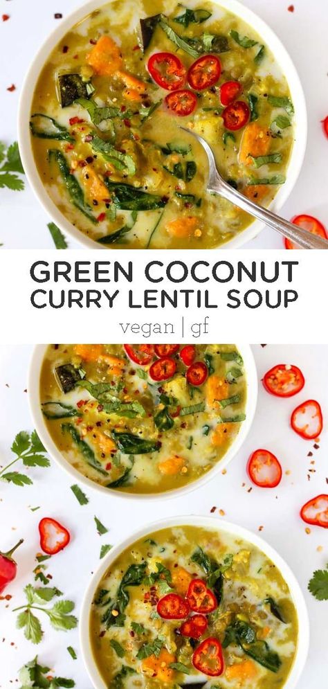 This amazing Green Coconut Curry Lentil Soup is an easy vegan dinner idea that makes amazing leftovers. Great for meal prep, healthy, hearty and so tasty! Coconut Curry Lentil Soup, Green Coconut Curry, Curry Lentil Soup, Green Lentil Soup, Curried Lentil Soup, Green Lentil, Creamy Broccoli Soup, Green Coconut, Vegan Lentil Soup