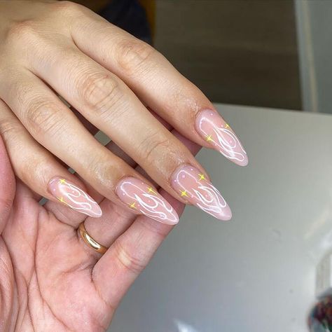 Flame Nails Almond Shape, Medium Almond Acrylic Nails Summer, French Tips With Flames, Flame Outline Nails, Pastel Flame Nails, Acrylic Nails Flames, Almond Flame Nails, Gold Flame Nails, Flame French Tip Nails