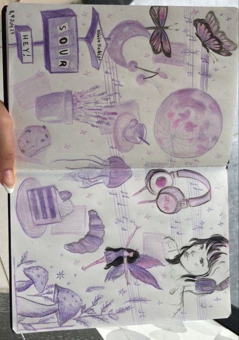 Aesthetic Sketchbook lavender page inspiration of random things. Sketchbook Inspiration Doodles, Full Sketchbook Page, Purple Drawings, Sketchbook Pages Aesthetic, Aesthetic Sketchbook Pages, Lavender Journal, Sketchbook Pages Inspiration, Charlotte Core, Aesthetic Sketches