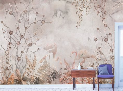 Backdrop Lamaran, Wallpaper Backdrop, Tropical Colonial, Peacock Wallpaper, Flamingo Wallpaper, Pastel Room, Flamingo Art, Tropical Tree, Tree Wall Decor