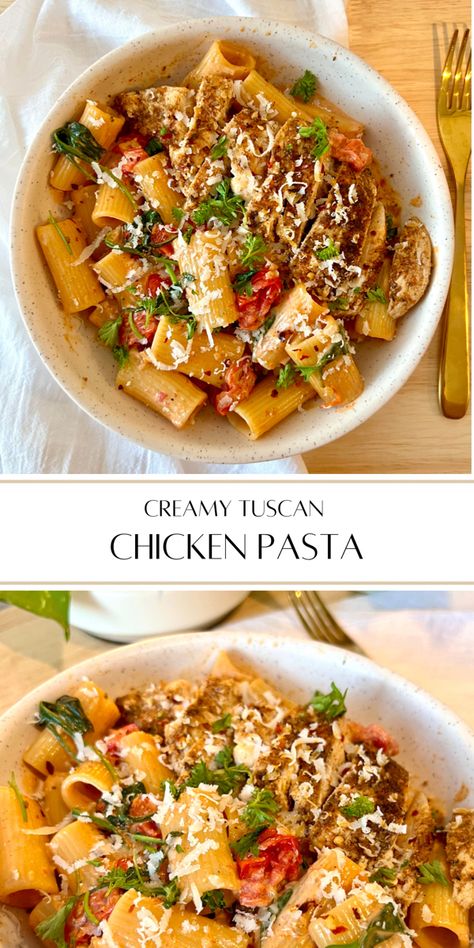 tender rigatoni covered in a creamy tuscan tomato sauce, with grilled chicken and fresh herbs and parmesan. Rigatoni With Chicken, Rigatoni And Chicken Recipes, Rigatoni Chicken Pasta, Chicken Rigatoni Recipes, Tuscan Rigatoni, Tuscan Dishes, Tuscan Sauce, Chicken Tomato Pasta, Creamy Tuscan Chicken Pasta