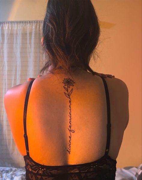 Divine Feminine Tattoo, Mac Miller Tattoos, Feminine Back Tattoos, Small Pretty Tattoos, Dope Tattoos For Women, Feminine Tattoo, Spine Tattoo, Spine Tattoos, Mac Miller