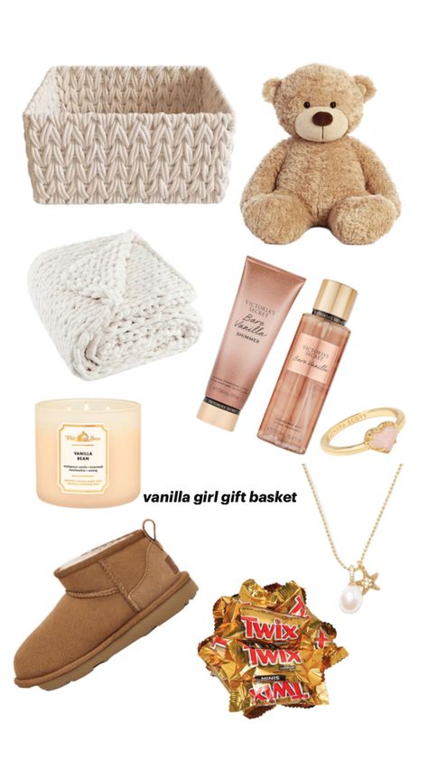 vanilla girl aesthetic simple cute gift basket Vanilla Girl Aesthetic, Easy Birthday Gifts, Girl Gift Baskets, Birthday Basket, Birthday Gift Baskets, Vanilla Girl, Gift Basket Ideas, Birthday Wishlist, Basket Ideas