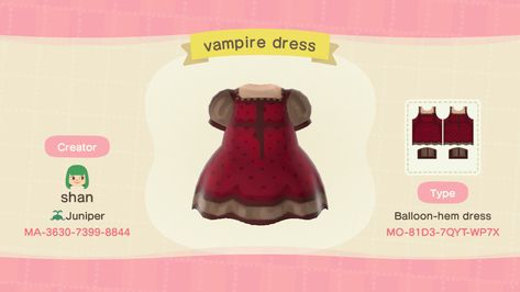 animal crossing new horizons dress custom design red and black Acnh Vampire Face Design, Acnh Vampire, Acnh Halloween Designs Clothes, Acnh Halloween Clothes Grid, Animal Crossing Design Codes Clothes Halloween, Witch Animal Crossing Custom Designs, Vampire Dress, Vampire Clothes, Animal Crossing