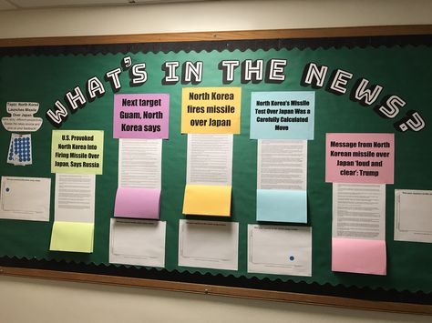 What's in the news? Current events/news bulletin board School Events Bulletin Board, Teacher Union Bulletin Board, News Board Classroom, Sixth Form Display Board, Journalism Bulletin Board Ideas, Classroom News Bulletin Board, Informative Bulletin Board Ideas, Current Events Bulletin Board Ideas, Newspaper Bulletin Board Ideas