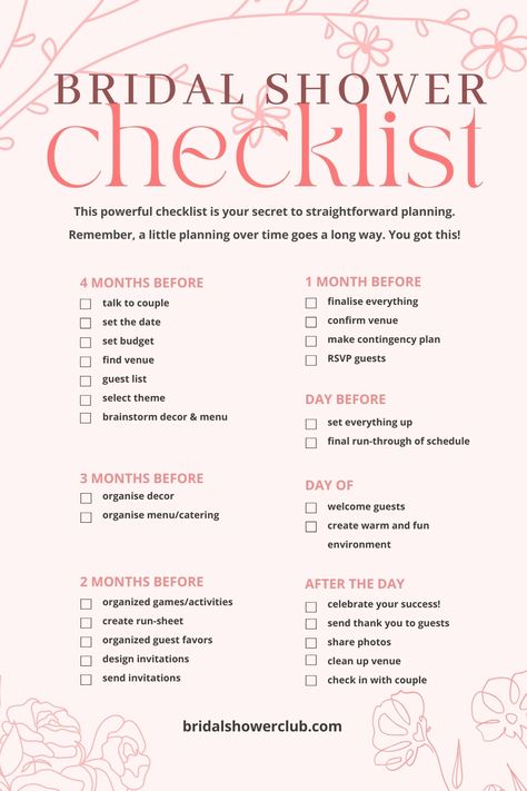 Get Your FREE Printable Bridal Shower Checklist Here Bridal Shower Games Free Printables, Bridal Shower Planning Checklist, Bridal Shower Checklist, Shower Checklist, Bridal Shower Activities, Bridal Shower Planning, Tea Reading, Itinerary Planning, Bridal Shower Food