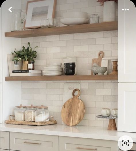 Flour Sugar Containers, Kitchen Island Furniture, Kitchen Shelf Styling, Kitchen Open Shelves, Kitchen Floating Shelves, Kitchen Shelf Decor, Open Plan Kitchen Living Room, Kitchen Dinning Room, Kitchen Counter Decor