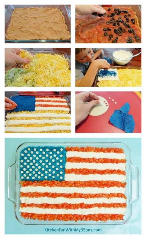 Flag Dip, 4th July Food, 7 Layer Dip, Patriotic Food, Layer Dip, 4th Of July Desserts, Taco Dip, Fourth Of July Food, Kitchen Fun