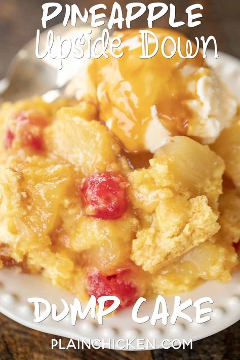 Pineapple Upside Down Dump Cake - so easy! Only 5 ingredients - pineapple, cherries, brown sugar, cake mix, and butter. Simply dump everything in the cake pan and bake! No dirty dishes! Serve warm or at room temperature with ice cream. Great for a crowd! We love this at potlucks, summer cookouts, Thanksgiving, Christmas, and Easter! Pineapple Upside Down Dump Cake, Brown Sugar Cake, Pineapple Dump Cake, Peach Cheesecake, Dump Cakes, Pineapple Desserts, Pineapple Recipes, Dump Meals, Plain Chicken