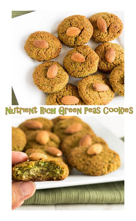 Nutrient Rich Green Peas Cookies! Healthy, vegan and gluten free treat made out of fresh green peas veggie. Kid friendly cookies!! Kid Friendly Cookies, Healthy Vegan Cookies, Vegan Oatmeal Cookies, Kid Friendly Dessert, Vegan Peanut Butter Cookies, Short Bread, Kid Recipes, Cookies Healthy, Cookies Vegan