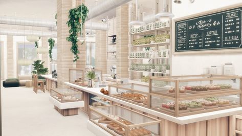 JAKKUUSIM - WILLOW CREEK CAFE + BAKERY separated version lot... Sims 4 Bakery Interior, Sims4 Cafe Cc, Sims4 Bakery, Sims 4 Bakery Build, Sims 4 Bakery, Bloxburg Bakery, Bloxburg School, Bakery Interior, Cafe Bakery