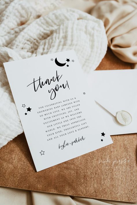 Moon Stars Baby Shower, Stars Baby Shower, Moon Baby Shower, Card Templates Printable, Moon Baby, Baby Shower Thank You Cards, Shipping Envelopes, Star Baby Showers, Baby Shower Thank You