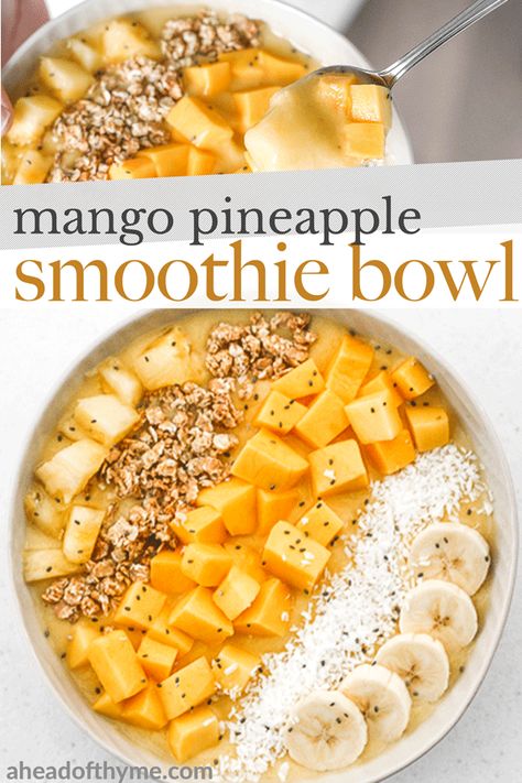 Mango Pineapple Smoothie Bowl, Tropical Smoothie Bowl, Smoothie Bowls Recipe Easy, Bowl Recipes Easy, Smoothie Bowl Recipe Healthy, Mango Pineapple Smoothie, Acai Bowls Recipe, Resep Smoothie, Breakfast Smoothie Bowl