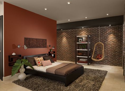 contemporary orange bedroom - mexicana 2172-30 (accent wall), midsummer night 2134-20 (soffit),  smokey taupe 983 (ceiling) Bedroom Paint Colors Master, Bedroom Orange, Decor Ikea, Fall Bedroom, Bedroom Wall Colors, Brown Bedroom, Bedroom Red, Brown Furniture, Design Room