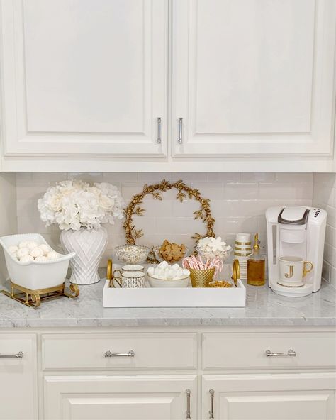 Hot chocolate bar or coffee station white and gold glam kitchen styling holiday winter hot cocoa station Gold Coffee Bar, Coffee Bar White, Glam Coffee Bar, Coffe Bar Decor, Glam Kitchen Decor, Coffee Station Kitchen, Glam Kitchen, Hot Chocolate Bar, Home Coffee Stations