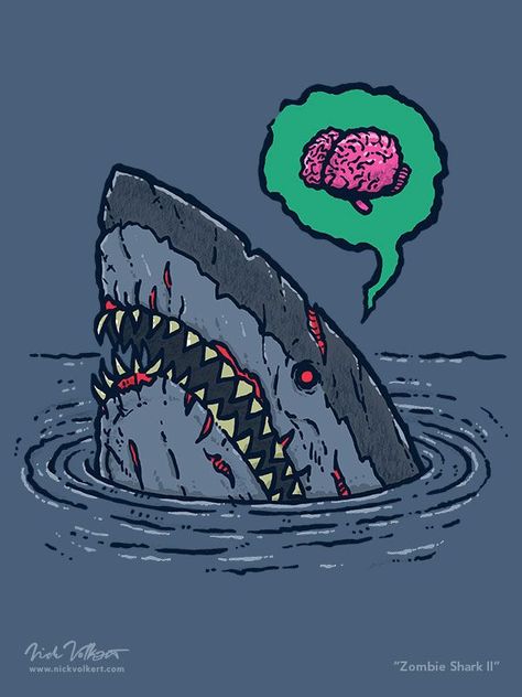 A shark peaks out of the water in bad shape looking horrifying and looking for brains. Shark Brain, Zombie Shark, Silly Sharks, Shark Things, Halloween Widget, Zombie Monster, Bat Art, Door Decs, Shark Tattoos