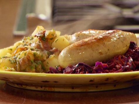 Sausage Platter, German Sausage, Recipes Meat, Braised Cabbage, Cabbage And Bacon, German Style, Hard Cider, Potatoes Recipe, Rachael Ray