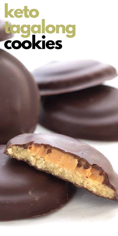 Keto Tagalongs are a delicious sugar-free alternative to girl scout cookies. They feature a crisp cookie base and a peanut butter filling enrobed in a layer of keto-friendly chocolate. Keto Butterscotch Cookies, Keto Tagalong Cookies, Keto Chow Cookies, Keto Peanut Butter Cookies Almond Flour, Tagalong Cookies, Chocolate Peanut Butter Fat Bomb Snacks Keto, Healthy No Bake Cookies, Frozen Cookies, Iced Sugar Cookies