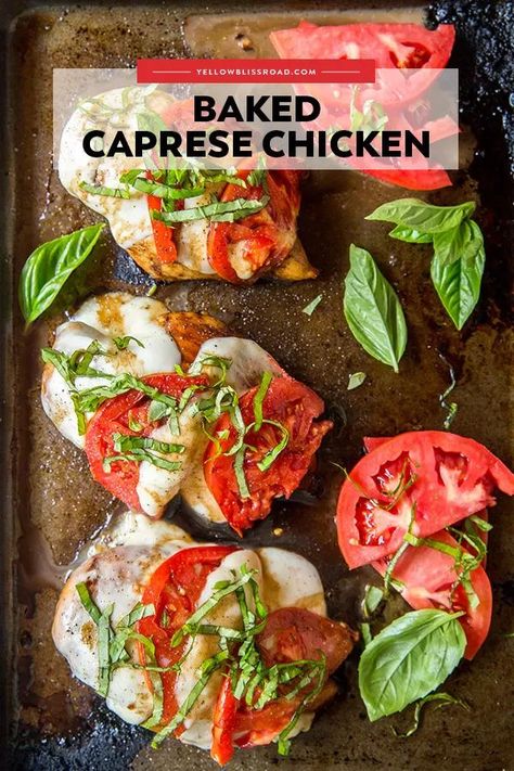 Baked Chicken Caprese is an Italian-inspired recipe. Chicken topped with slices of Mozzarella cheese, tomatoes and basil for a yummy, fast and easy dinner. #chicken #dinner Baked Chicken Caprese, Baked Caprese, Chicken Caprese Recipe, Fast And Easy Dinner, Baked Caprese Chicken, Apartment Recipes, Delish Dinners, Chicken Caprese, Caprese Recipes