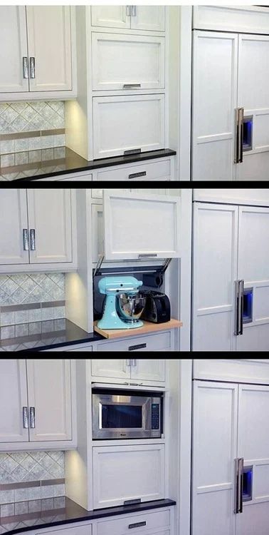 appliance cabinet Organiser Cucina, Counter Clutter, Kitchen Appliance Storage, Appliance Garage, Outdoor Kitchen Appliances, Appliances Storage, Toasters, Kitchen Corner, Coffee Makers