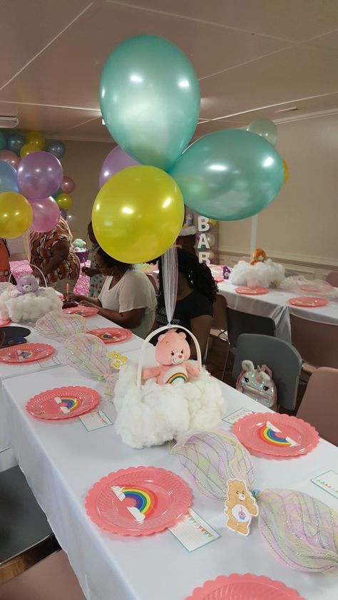 Carebear Centerpiece Ideas, Care Bears Centerpieces Ideas, Care Bear Baby Shower Ideas, Care Bears Birthday Party, Care Bear Party, Care Bear Birthday, Bear Baby Shower Theme, Gender Reveal Party Theme, Baby Birthday Decorations