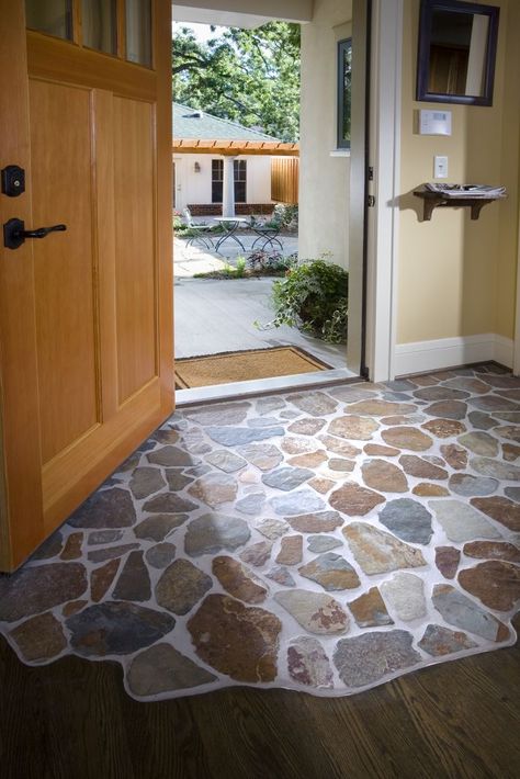 entryway...awesome way to incorporate stone work Flagstone Entryway, Tile Entryway Transition To Wood, Earthen Floor, Tile To Wood Transition, Fireplace Floor, Stone Entryway, Rock Floor, Entryway Tile, Entry Tile