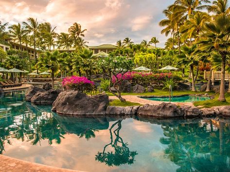 With the beach one one side and gardens and lagoons on the other, this low-rise Keoneloa Bay resort's open-air design will take you back to the Hawaii of the 1920s and ’30s. The Grand Hyatt's rooms have white-marble–tiled entryways and rain showers, and terraces are furnished in mahogany with traditional Hawaiian-print linens, so you'll feel the island vibe from the second you drop off your bags. Dine on pan-Asian at Yum Cha, or surf and turf at Tidepools, which was built to resemble huts ... Hawaii All Inclusive Resorts, Kauai Hotels, Grand Hyatt Kauai, Kauai Resorts, Hawaii Resorts, Honeymoon Resorts, Hawaii Honeymoon, Grand Hyatt, Family Resorts