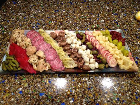 Fun Antipasto platter with marinated veggies, meats and cheeses.  Crowd pleaser! Antipasto Ideas, Marinated Veggies, Pesto Cheese, Antipasto Platter, Follow Photo, Fruit Salsa, Charcuterie And Cheese Board, Pickled Veggies, Event Production