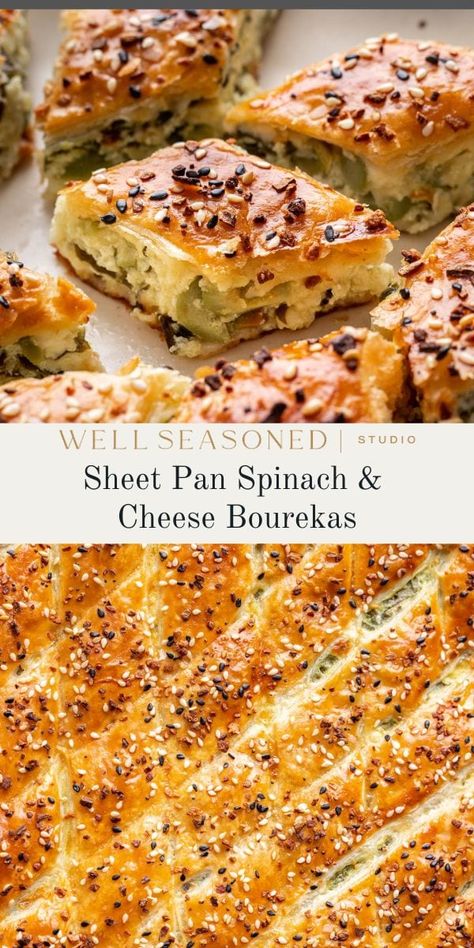 My Crispy Sheet Pan Burekas are filled with a mix of 4 different cheeses (mozzarella, ricotta, cottage cheese, and feta), lots of fresh spinach and chopped green olives, and are topped with everything bagel seasoning blend for added flavor. Baked until golden brown and crispy, this boreka recipe is a total crowd-pleaser and is loved by all! #wellseasonedstudio #bourekas #puffpastry #ricotta #spinach Spinach And Cheese Empanadas, Spinach Ricotta Feta Puff Pastry, Spinach Bread Recipe, Burekas Recipe, Crumbled Feta Cheese Recipes, Vegetarian Appies, Sheet Pan Appetizers, Bourekas Recipe, Cheese Bourekas