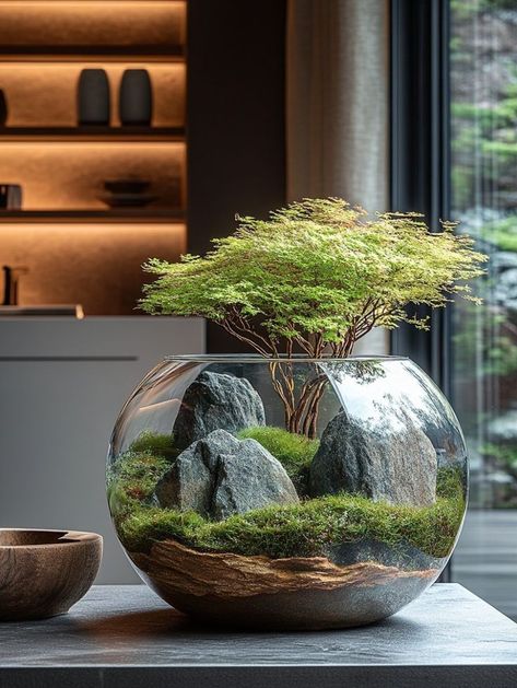 Minimalist Aquascape, Fish Bowl Terrarium, Aquascape Bonsai, Scandinavian Moss, Bowl Terrarium, Terrarium Design, Bonsai Terrarium, Moss Design, Miniature Zen Garden