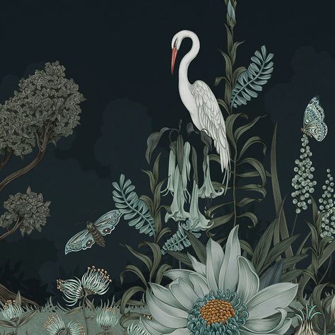 Shop Wallpaper By Style | Hygge & West Heron Wallpaper, Nighttime Sky, Night Heron, Bedroom Murals, Bad Inspiration, Night Garden, Wallpaper Calculator, Arte Animal, Modern Wallpaper