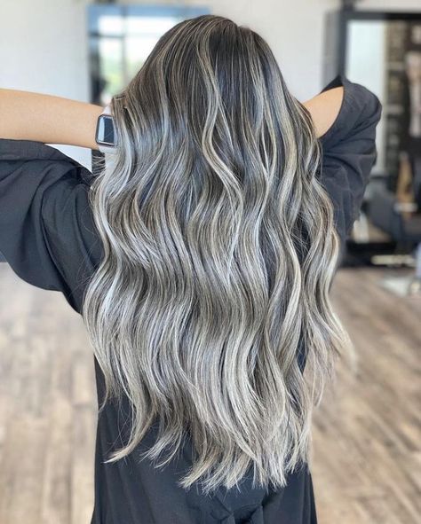 Long Ash Gray Hair Ash Grey Hair Color, Ash Gray Balayage, Grey Hair Color Ideas, Ash Gray Hair Color, Ash Grey Hair, Gray Balayage, Pelo Anime, Beige Hair, Grey Highlights