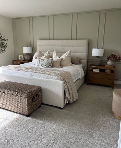 Jogging Path Paint, Beige Upholstered Bedroom Ideas, Beige Bed Frame Room Ideas, Upholstered Headboard Bedroom Ideas, Cream Upholstered Bed, Upholstered Headboards Bedroom, Beige Bed Frame, Jogging Path, Beige Upholstered Bed