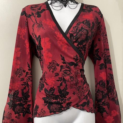 Vtg Y2K black and red floral bell sleeves top... - Depop Red Bell Sleeve Top, Bell Sleeves Top, Belly Top, Y2k Black, Sleeves Top, Red Floral, Bell Sleeve, New Fashion, Bell Sleeves