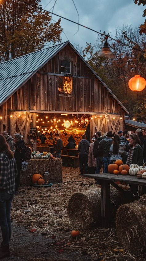 Autumn Evening Gathering: Guests enjoying a cozy autumn evening at a rustic barn decorated with pumpkins and lights. #autumn #evening #gathering #barn #pumpkins #aiart #aiphoto #stockcake ⬇️ Download and 📝 Prompt 👉 https://ayr.app/l/YYRq Fall Hay Ride Ideas, Halloween On The Farm, Barn Decorated For Christmas, Halloween Barn Party, Fall Fair Games, Fall Festival Aesthetic, Autumn Hayride, Fall Greenhouse, Fall Restaurant